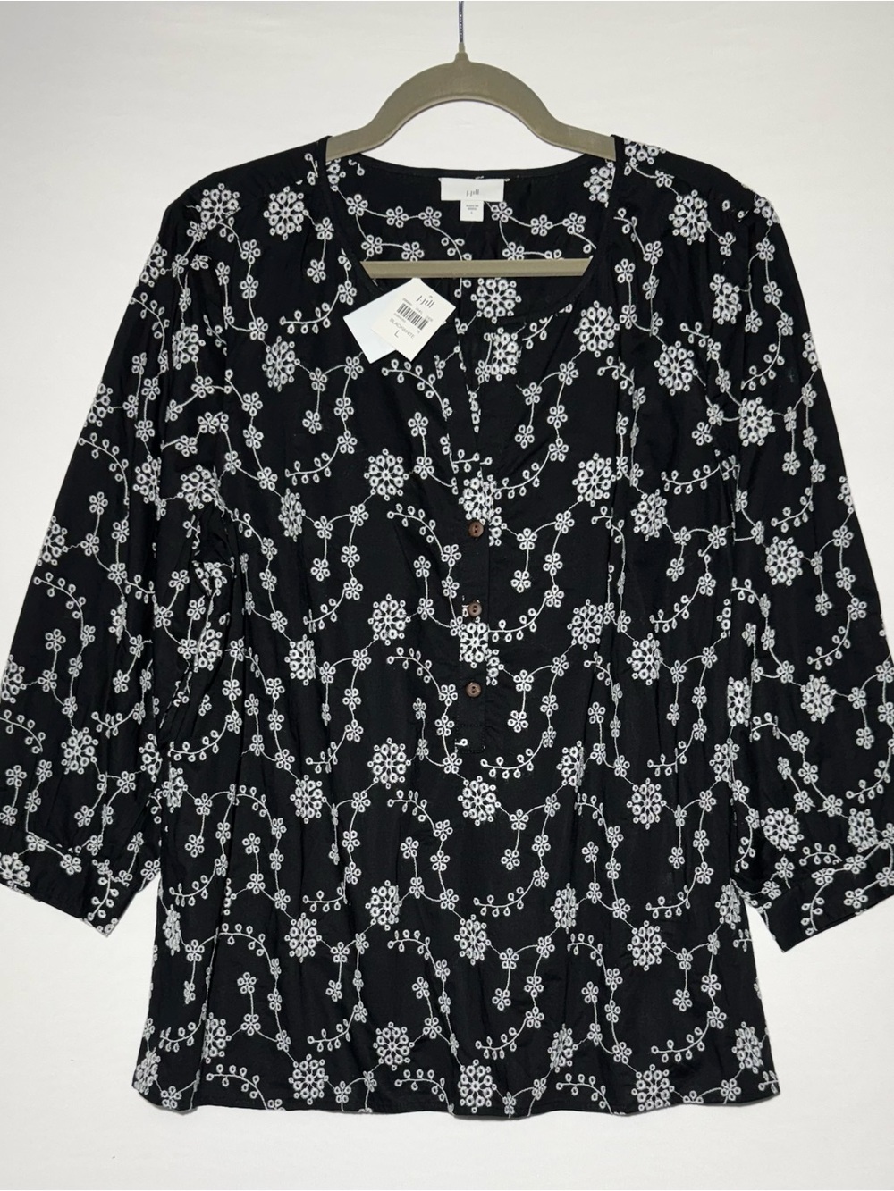 J. Jill Black With White Floral Embroidered Split-Neck 3/4-Sleeve Blouse